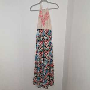 Flying Tomato Floral Lace Halter Maxi Dress Size M Boho Festival Open Back Beach